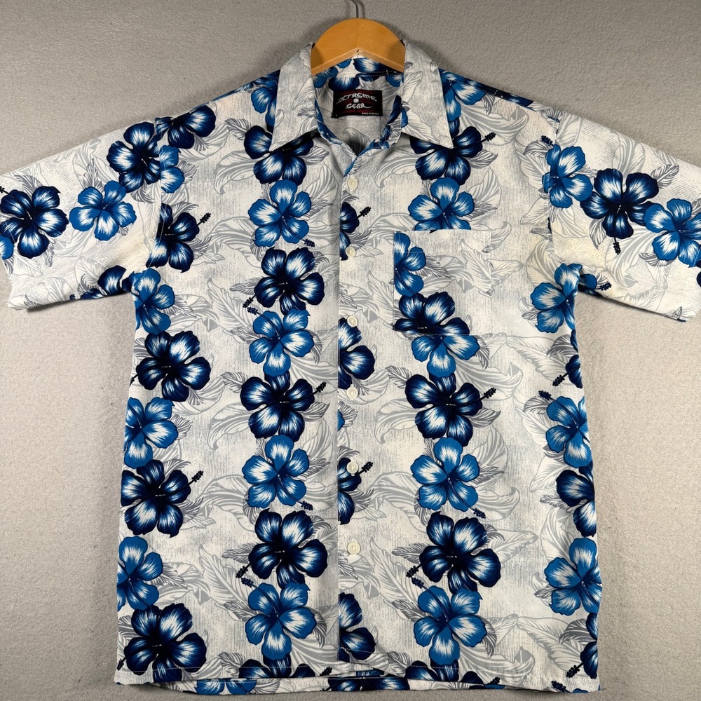 Vintage Xtreme Gear Men Blue Hibiscus Floral Hawaiian Shirt Short Sleeve Large L